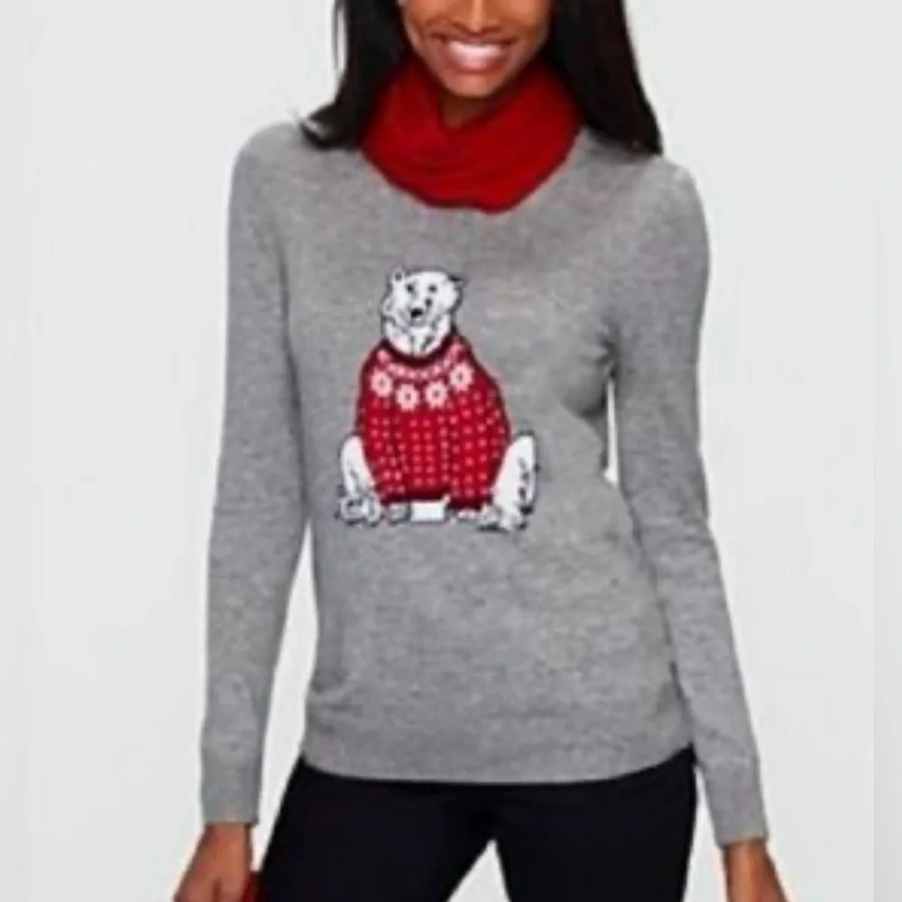 Talbots Polar Bear Sweater Soft Lightweight Cozy Gray Red Lambswool Size Small - Picture 1 of 8